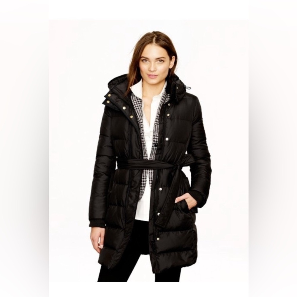 J.Crew Long Down Puffer Coat XXS | Hooded Belted Winter Parka | Black
